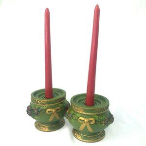 Napcoware Napco Taper Candle Holder Set of 2 Green Vtg MCM Christmas Pinecone